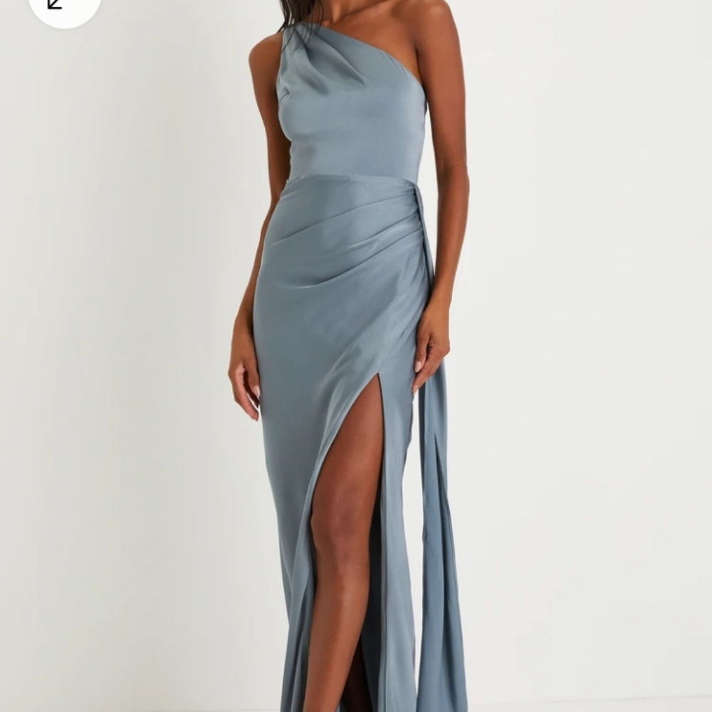NEW Lulus Signature Elegance Slate Blue Satin One-Shoulder Maxi Dress